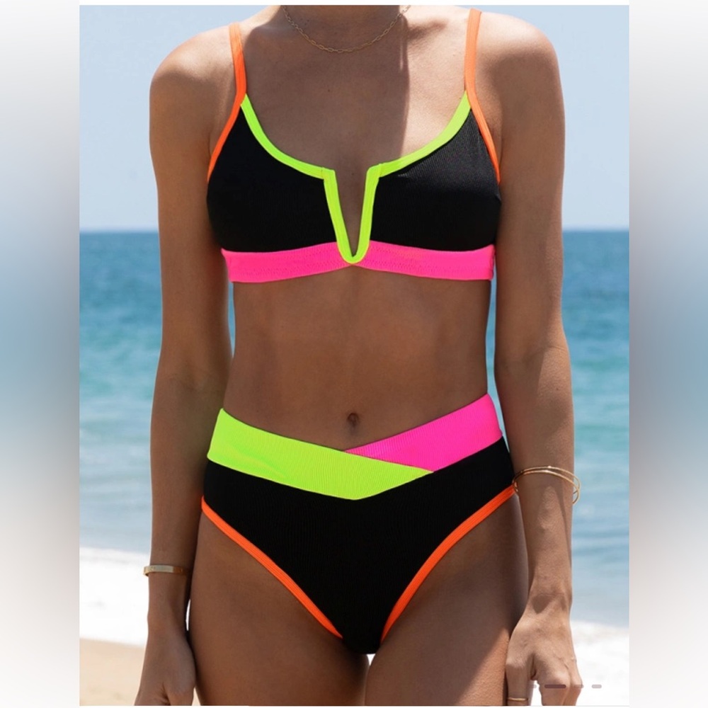 Popvil Color block Black and Neon V-Wire Bikini Swim Set Swimwear S/M